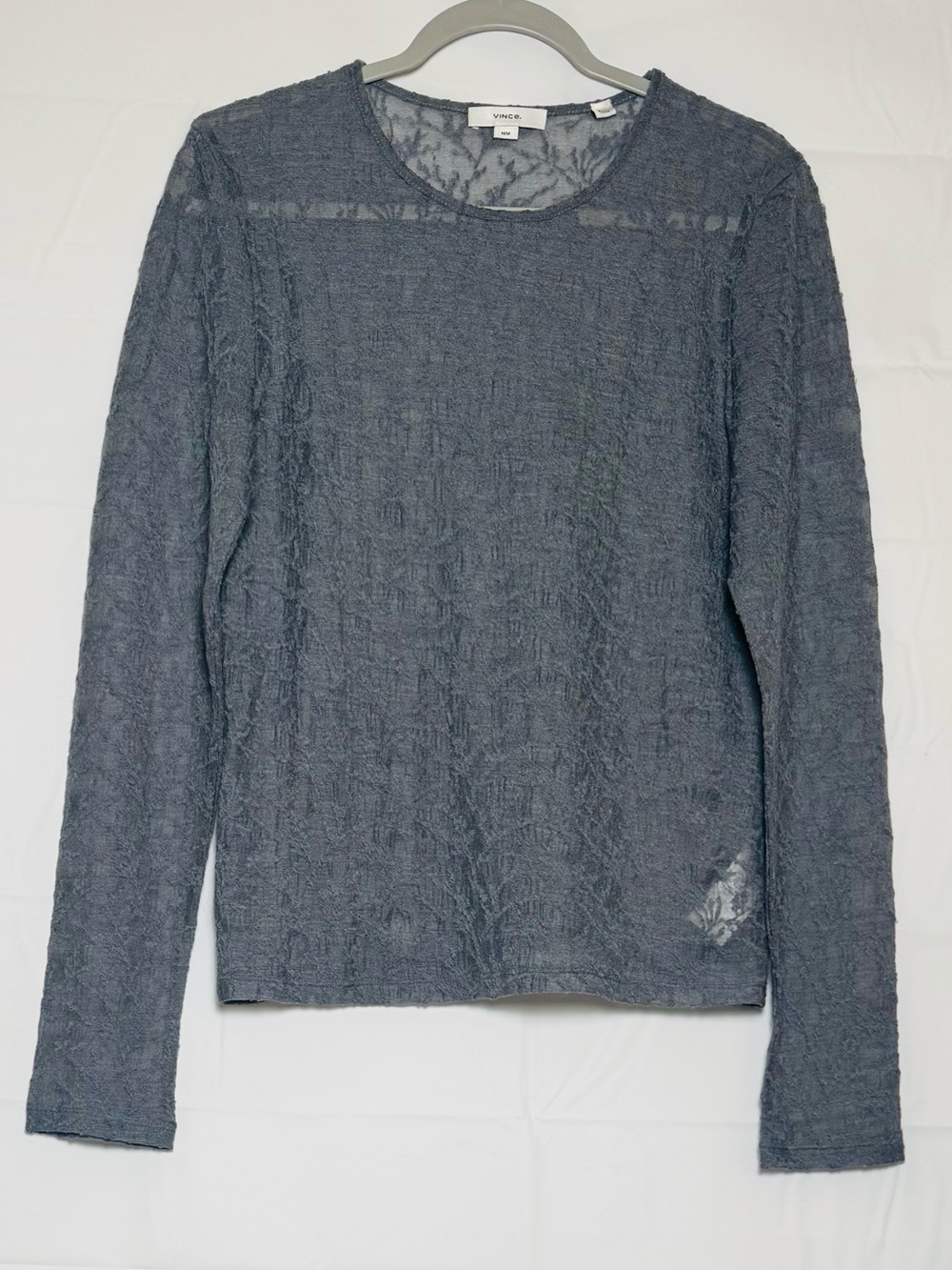 Vince Women’s Slate Blue Sheer Textured Long Sleeve Top, Medium. NWOT